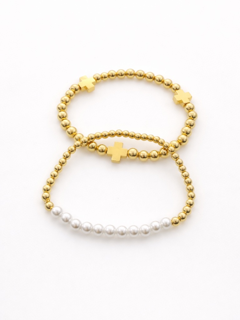 Gold Beaded Cross Bracelet Set + Pearl Stack Set (2 Pieces)